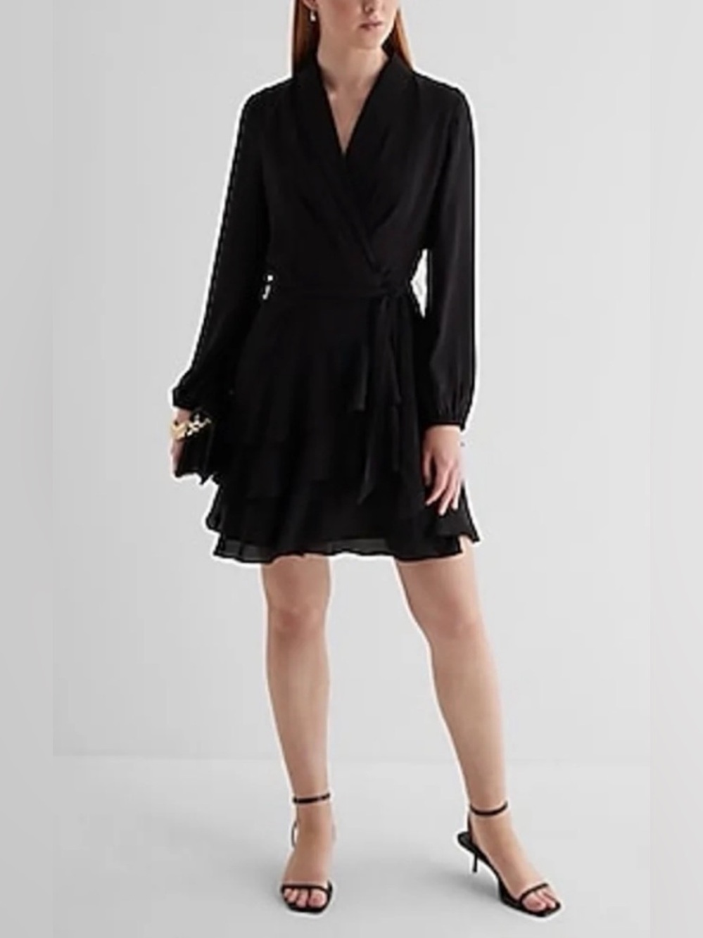 Express Collared Tiered long Sleeve Belted Dress Chiffon Black LBD Size Small